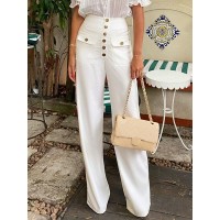 Casual Solid Color High Waist Buttons Zipper Wide Leg Pants For Women