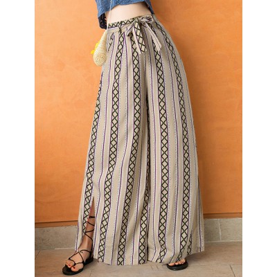 Bohemia Geometric Print High Waist Belted Zipper Wide Leg Pants For Women