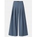 Women Brief Style Solid Color Pleated Mid Waist Loose Wide Leg Pants