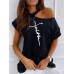 Women Script Print Design Shoulder Casual Short Sleeve T  Shirts