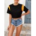 Women Side Stripe Print Cropped Short Sleeve Black T  Shirts