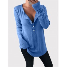 Women Solid Color Half Button Cotton Casual Loose Long Sleeve T  Shirt