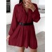 Pleated Solid Button Long Sleeve Lapel Casual Shirt Dress