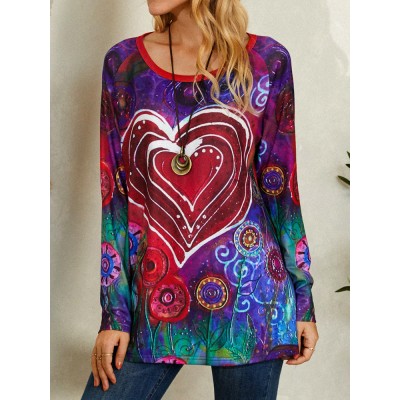 Women Graffiti Heart Floral Print Round Neck Casual Long Sleeve T  Shirt