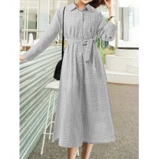 Check Print Belt Lapel Long Sleeve Button Down Shirt Dress