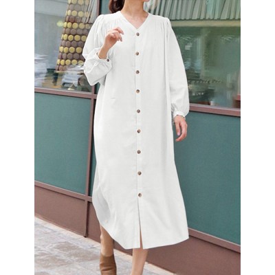 Solid Belt Button Long Sleeve V  neck Casual Shirt Dress