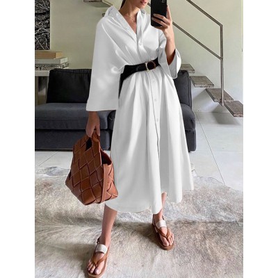 Solid Loose Belt Button Long Sleeve Lapel Shirt Dress