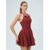 Dark Red Collar Backless Tennis Dress - Light Support Dark Red Collar Backless Tennis Dress - Light Support