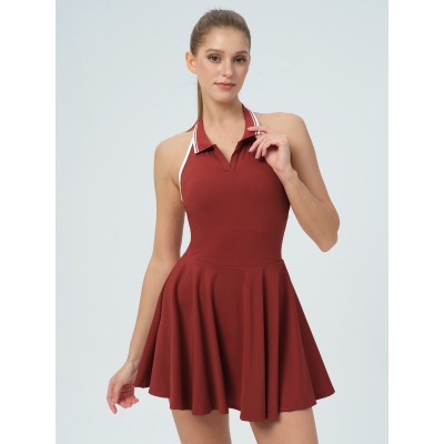 Dark Red Collar Backless Tennis Dress - Light Support Dark Red Collar Backless Tennis Dress - Light Support